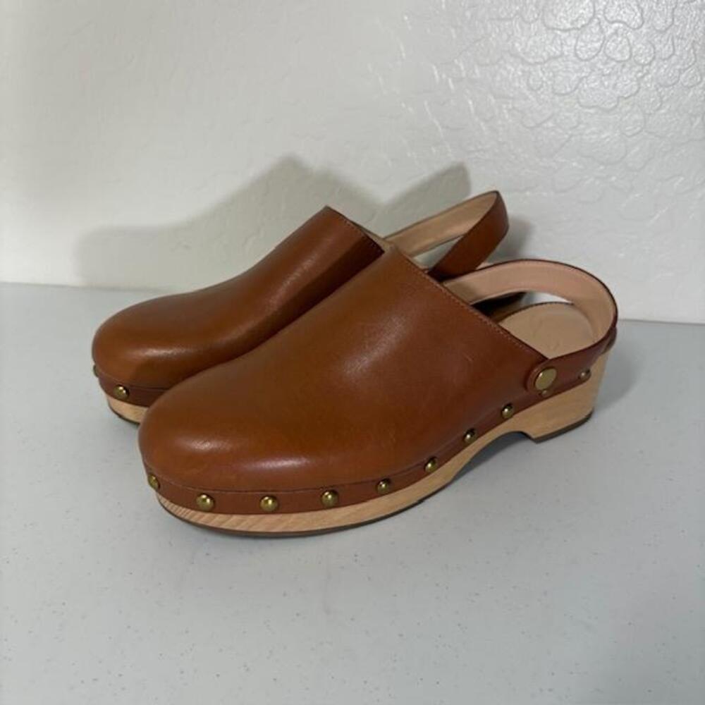 J.Crew Shoes Womens Size 8.5 EU 39 Brown Leather Clog Studded Slingback Wood